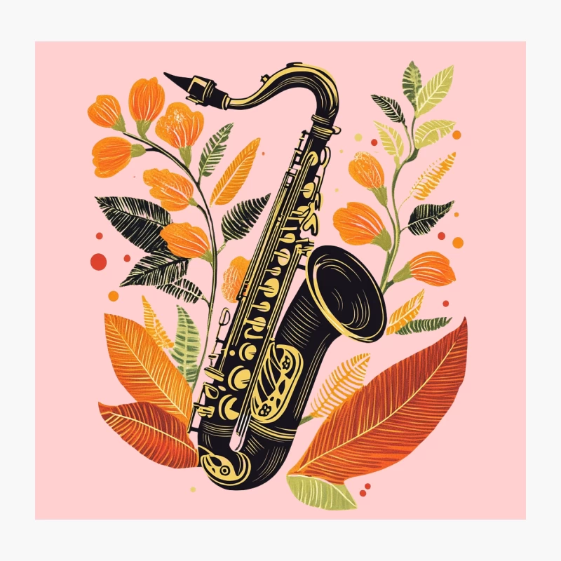 Autumnal Jazz: Saxophone and Floral Illustration Throw Pillow