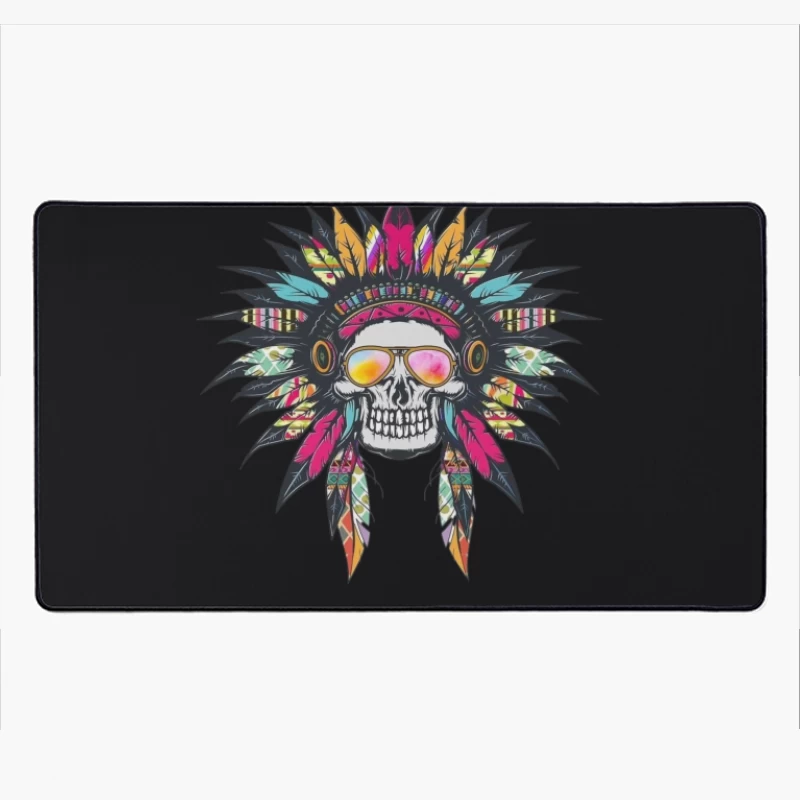 Colorful Skull with Headdress and Sunglasses Desk Mat