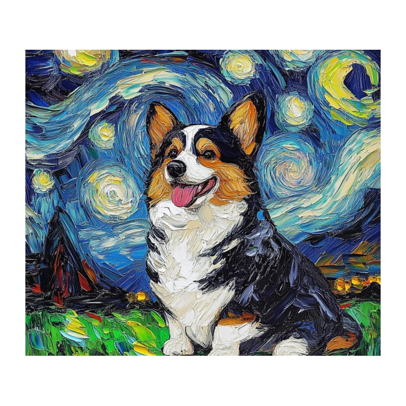 Starry Night Corgi: A Whimsical Van Gogh-Inspired Canine Portrait Tapestry