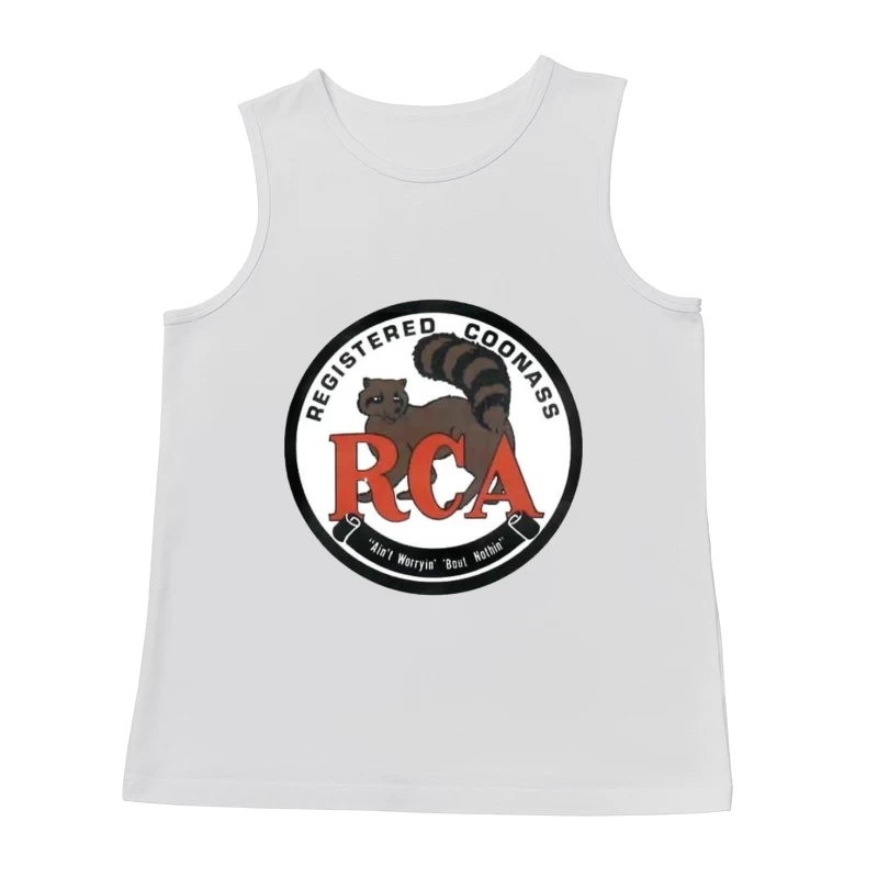 Registered Coonass RCA Logo with Raccoon Mascot and Humorous Slogan Male Tank Top