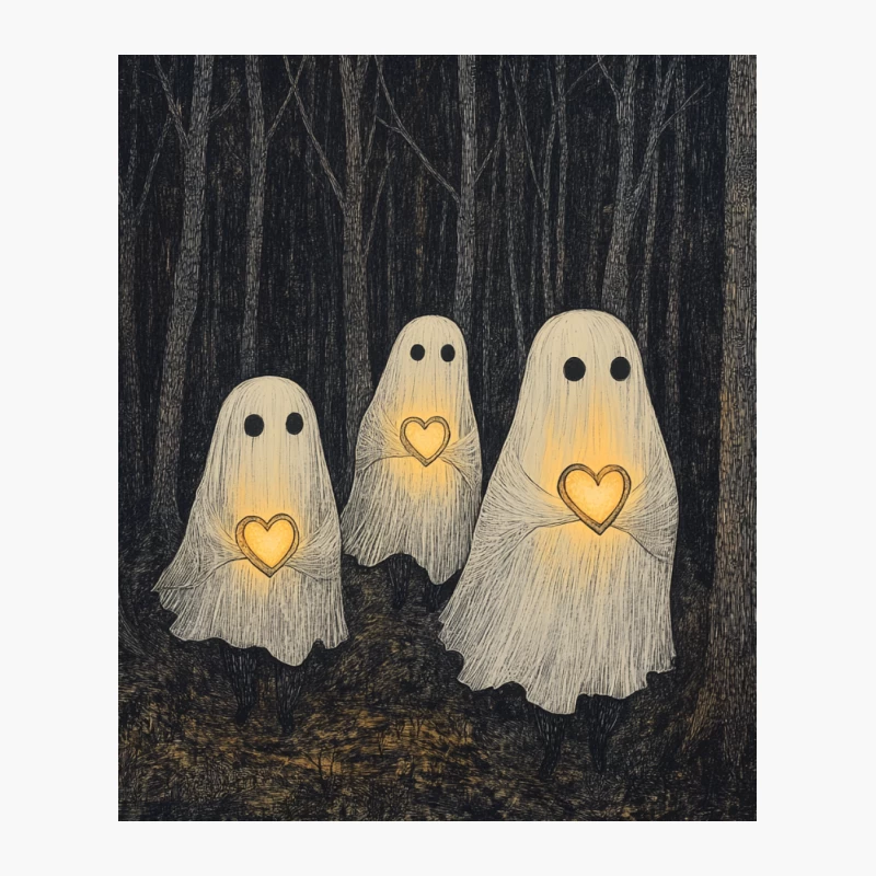 Cute Glowing Heart Ghosts in Dark Spooky Forest Cotton Tote Bag