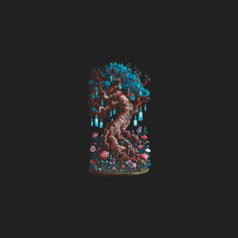 Whimsical Fantasy Tree with Glowing Blue Foliage and Flowered Base Bucket Hat