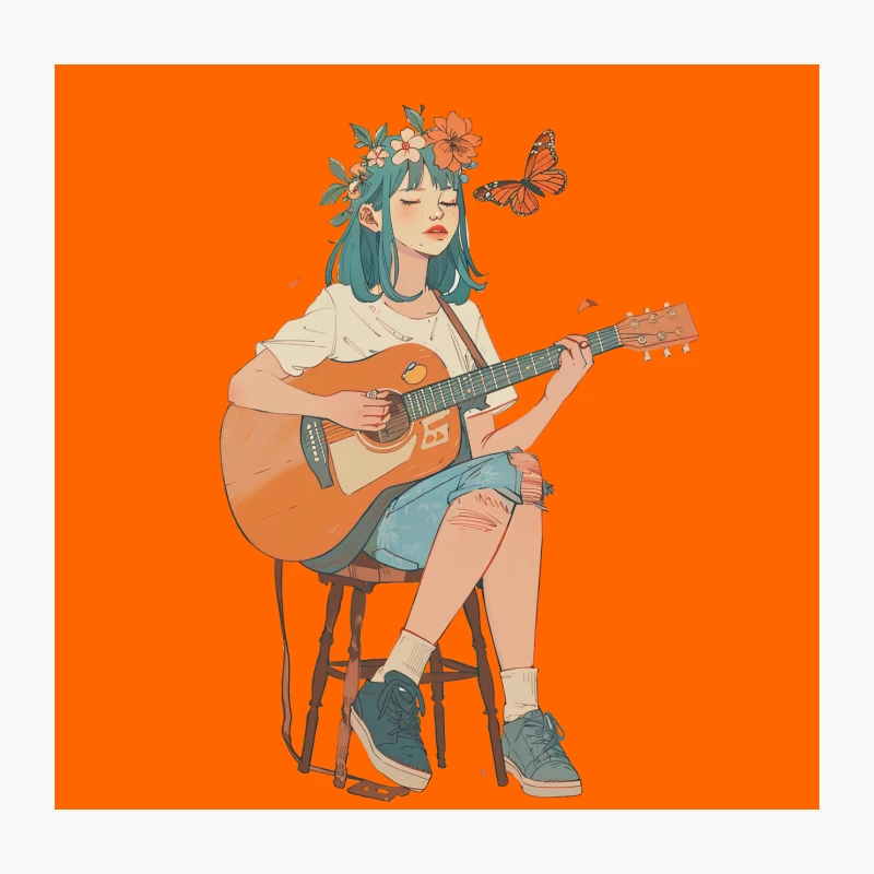 Dreamy Summer Melody: Illustrated Guitar Player with Flower Crown and Butterfly Throw Pillow