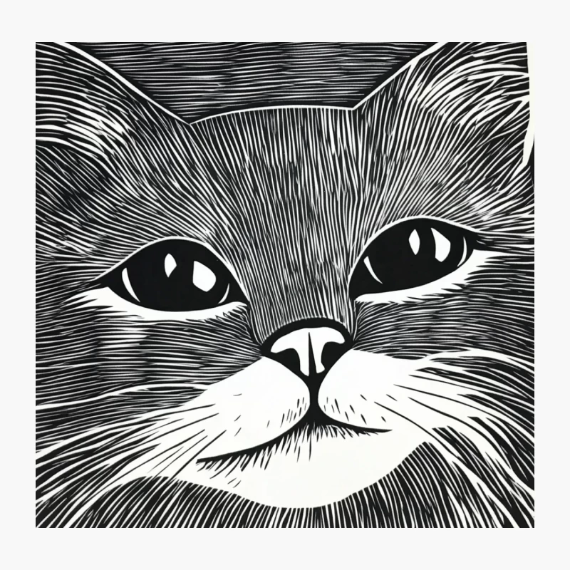 Feline Woodcut: Black and White Cat Portrait Illustration Throw Pillow