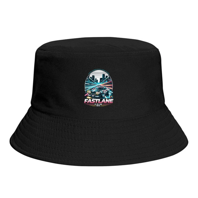 Retro Sports Car Racing Through Neon Cityscape - Synthwave Style Bucket Hat