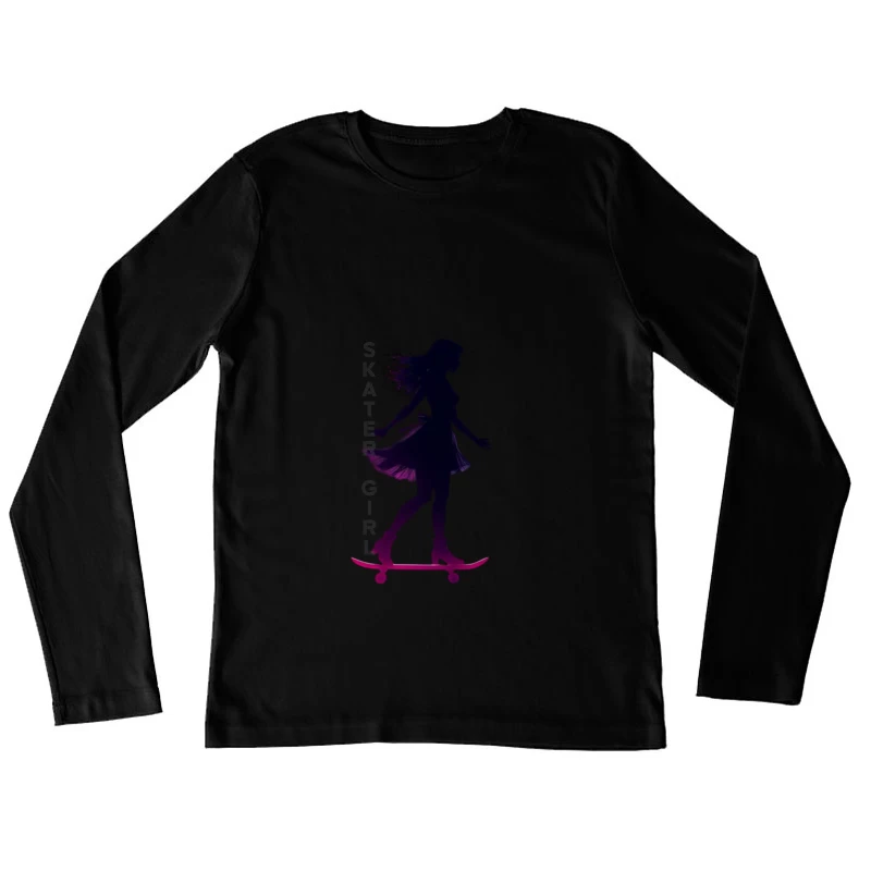 Stylish Skater Girl Silhouette in Pink and Black Female Long Sleeve T-Shirt