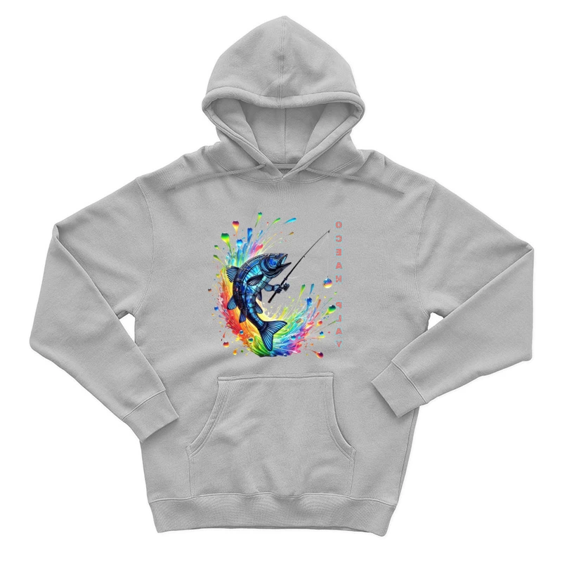 Rainbow Fish Splash: Artistic Fishing Adventure Male Pullover Hoodie