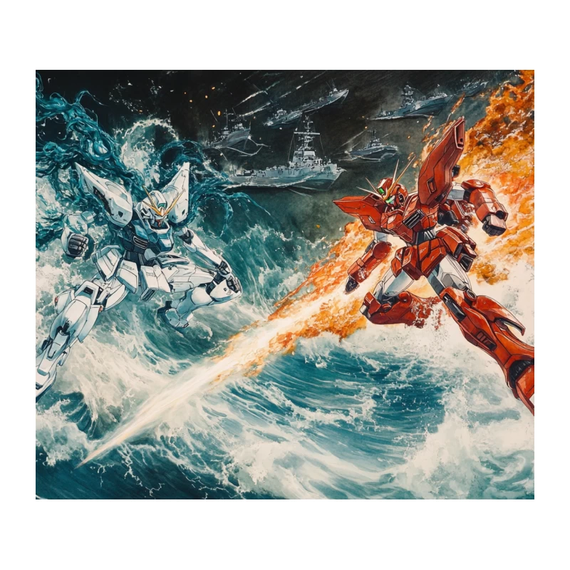 Epic Mecha Battle: Fire and Ice Clash in Stormy Seas Tapestry