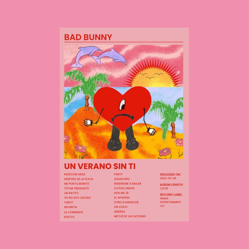 Bad Bunny's Tropical Summer Album Cover with Animated Heart Female T-Shirt