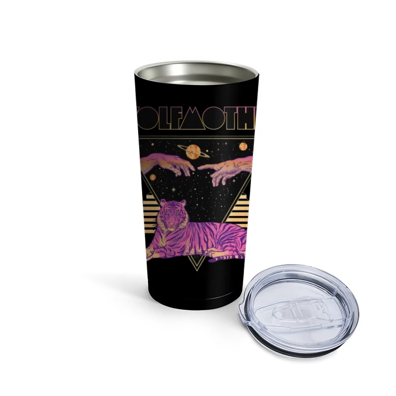 Cosmic Tiger with Mystical Hands in Retro Synthwave Style Travel Mug