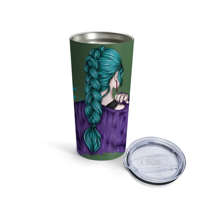 Teal Braided Hair Fashion Illustration Travel Mug