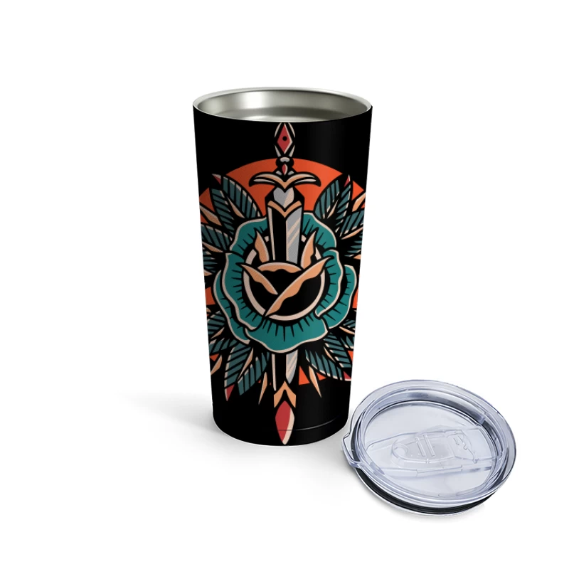 Decorative Sword and Rose Illustration Travel Mug