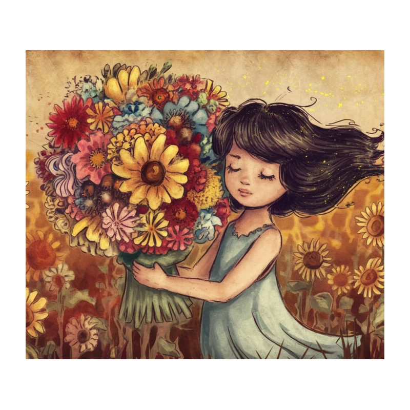 Whimsical Vintage Illustration of Girl with Floral Bouquet Tapestry