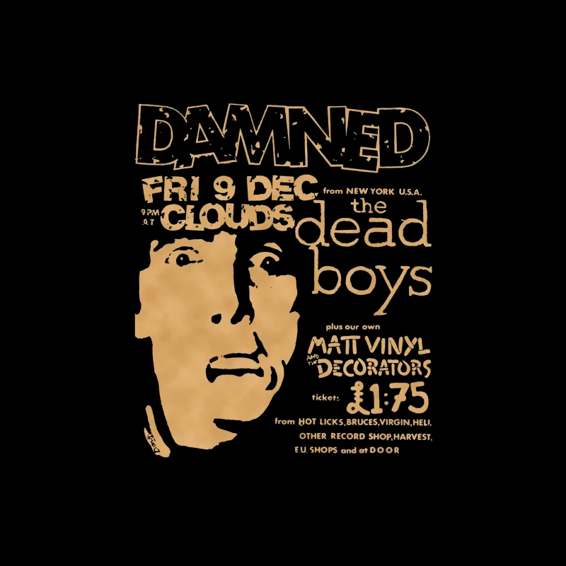 Vintage Concert Poster for The Damned with Clouds and Dead Boys - December 9th Throw Pillow