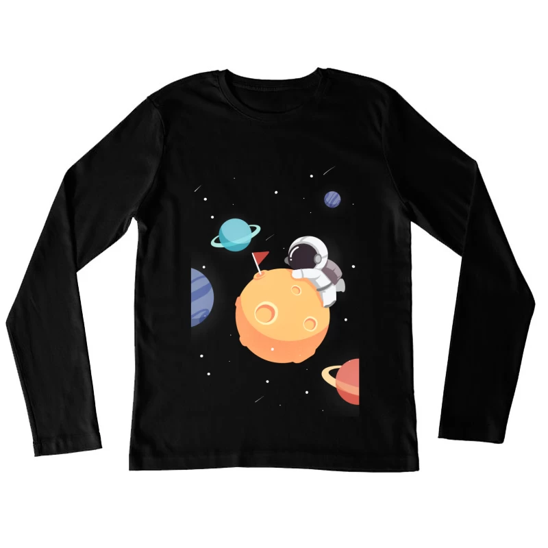 Astronaut auf Planeten mit bunten Planeten im Weltraum Damen Langarm T-Shirt