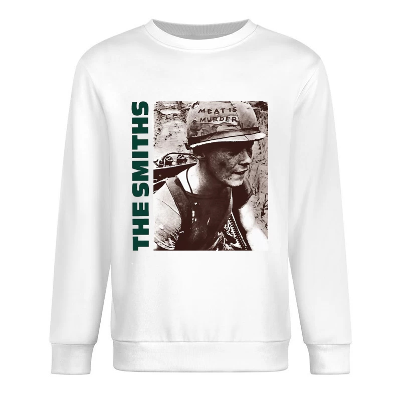 Vintage Activist Portrait with "Meat is Murder" Helmet Male Pullover Sweatshirt