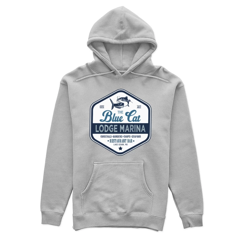 The Blue Cat Lodge Marina Restaurant and Bar - Vintage Nautical Logo Design Female Pullover Hoodie