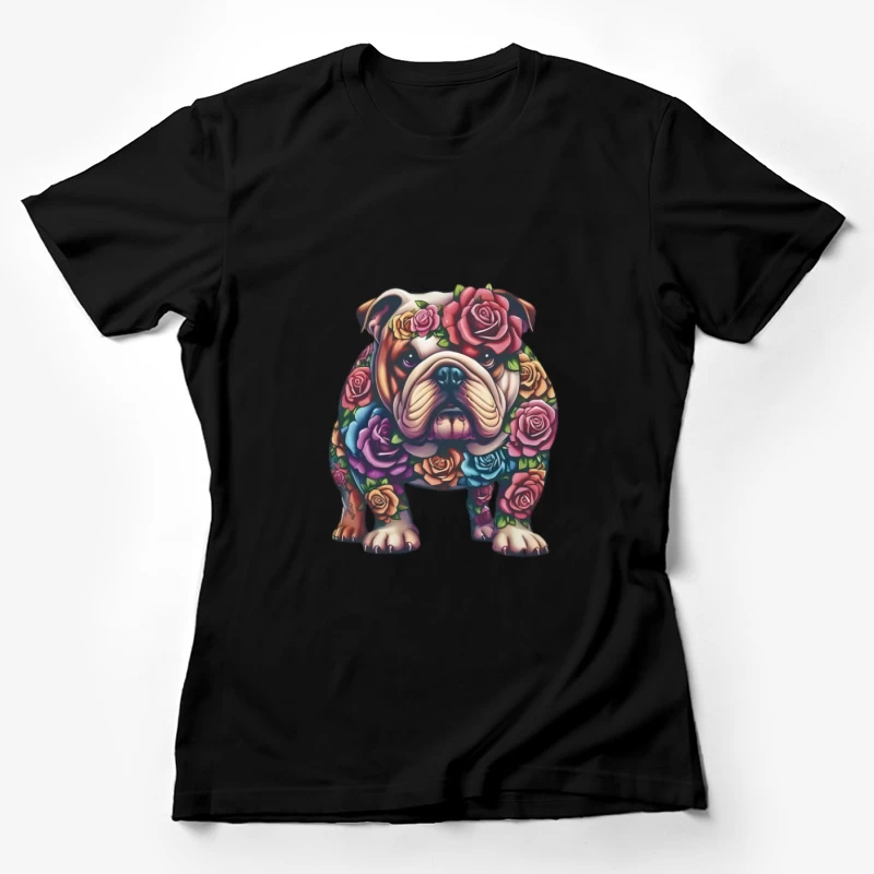 Bunter Bulldoggen-Kunstentwurf mit Rosen Damen T-Shirt