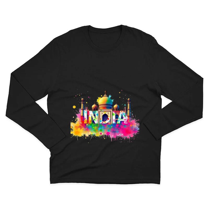 Vibrant Watercolor India Typography with Taj Mahal Silhouette Male Long Sleeve T-Shirt