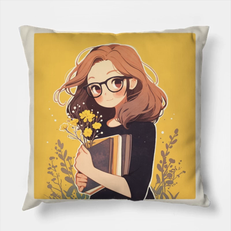 Bookish Girl with Yellow Flowers - Anime Style Illustration Throw Pillow