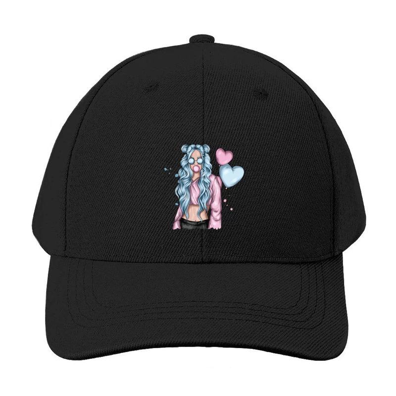 Girl with Blue Hair and Hearts Baseball Cap