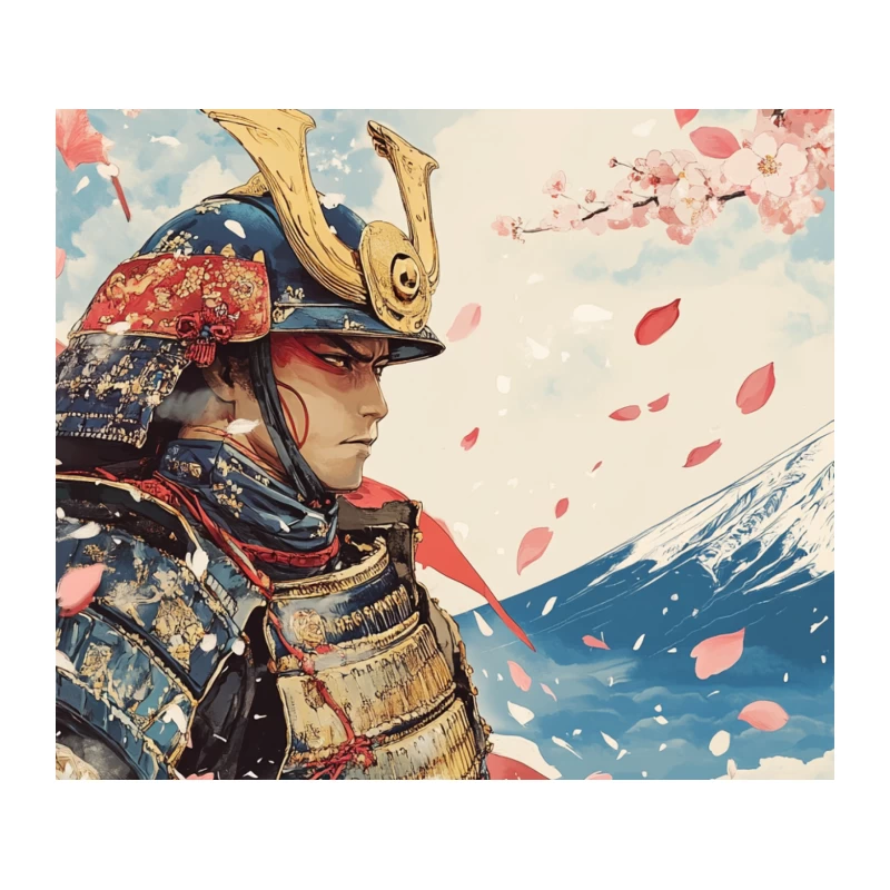 Samurai Warrior Overlooking Mount Fuji Amid Cherry Blossoms Tapestry