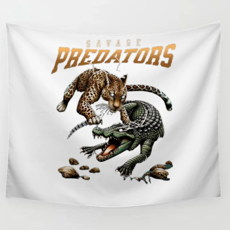 Savage Predators: Jaguar vs Crocodile Battle Art Tapestry