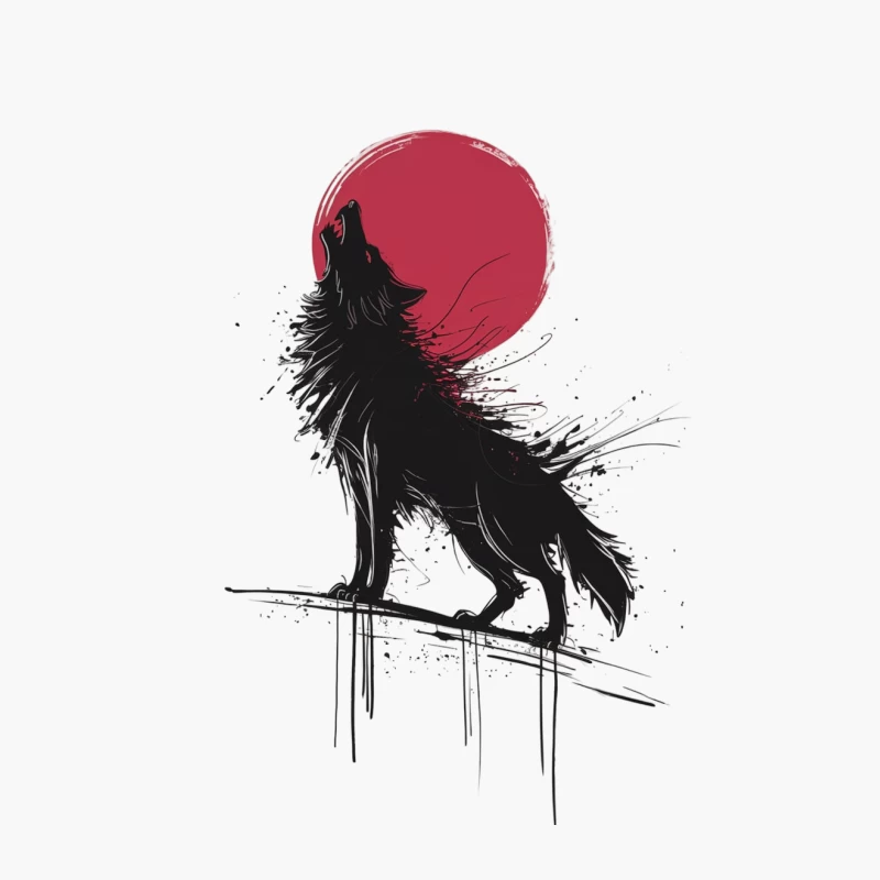 Howling Wolf Silhouette Against Red Moon in Ink Art Style Cotton Tote Bag
