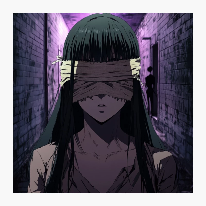 Blindfolded Anime Figure in Mysterious Purple-Lit Alley Pin