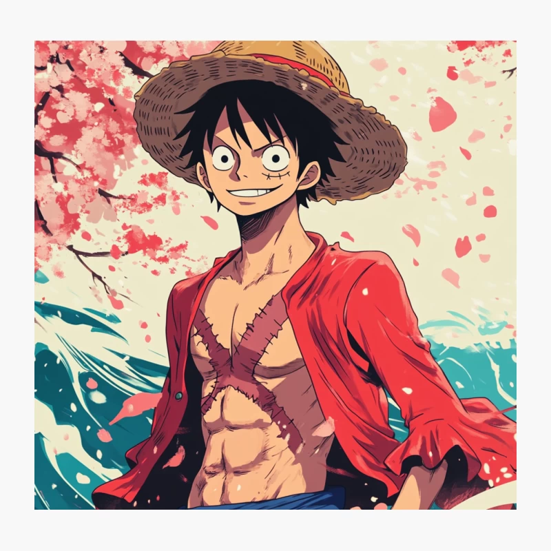 Luffy's Spring Adventure: Cherry Blossoms and Ocean Waves Throw Pillow