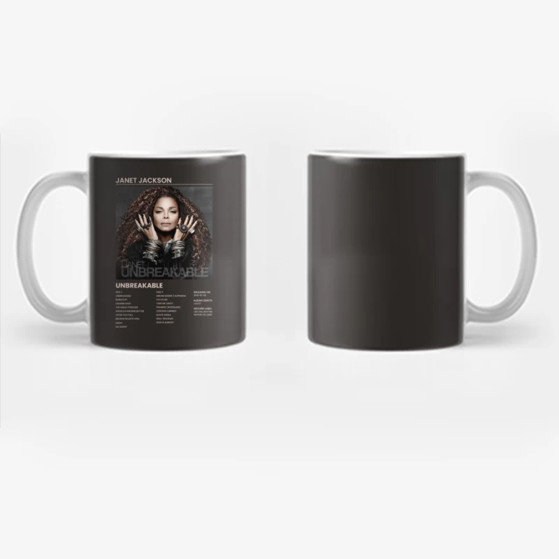 Janet Jackson's Unbreakable Album Poster: R&B Icon with Curly Hair and Silver Jewelry Coffee Mug