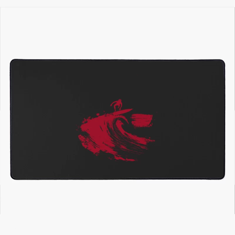 Red Minimalist Surfer Riding Ocean Wave Desk Mat