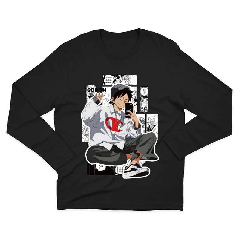 Junge mit Smartphone und lässigem Stil Herren Langarm T-Shirt