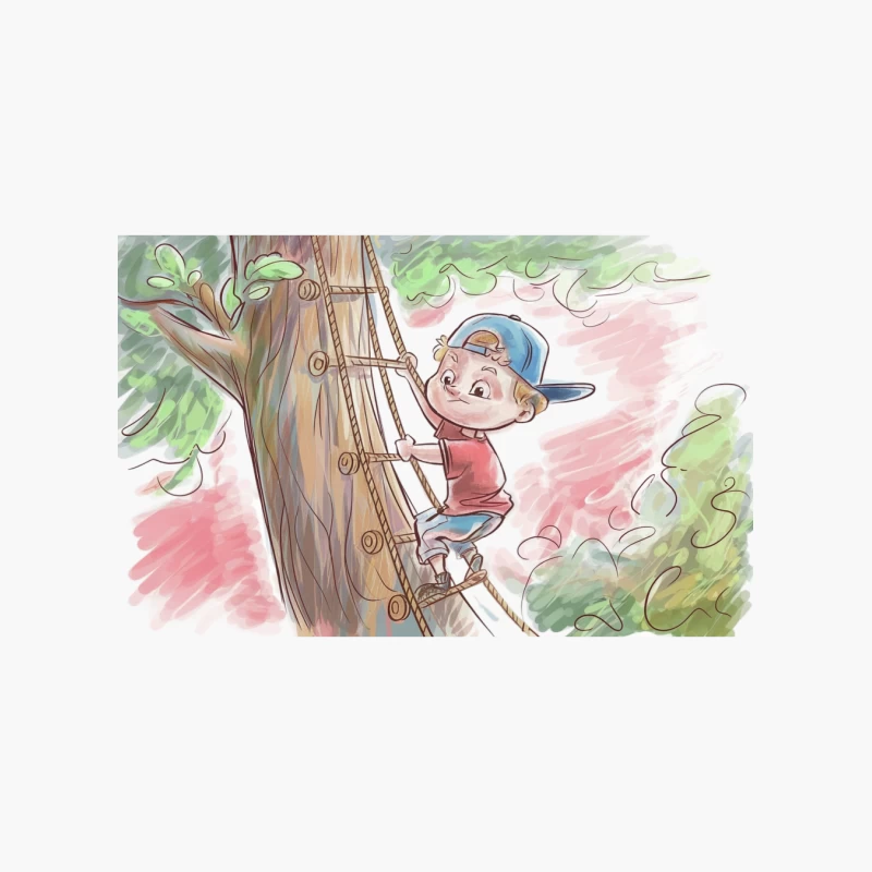 Adventurous Child Climbing Tree on Rope Ladder in Illustrated Nature Scene Cotton Tote Bag