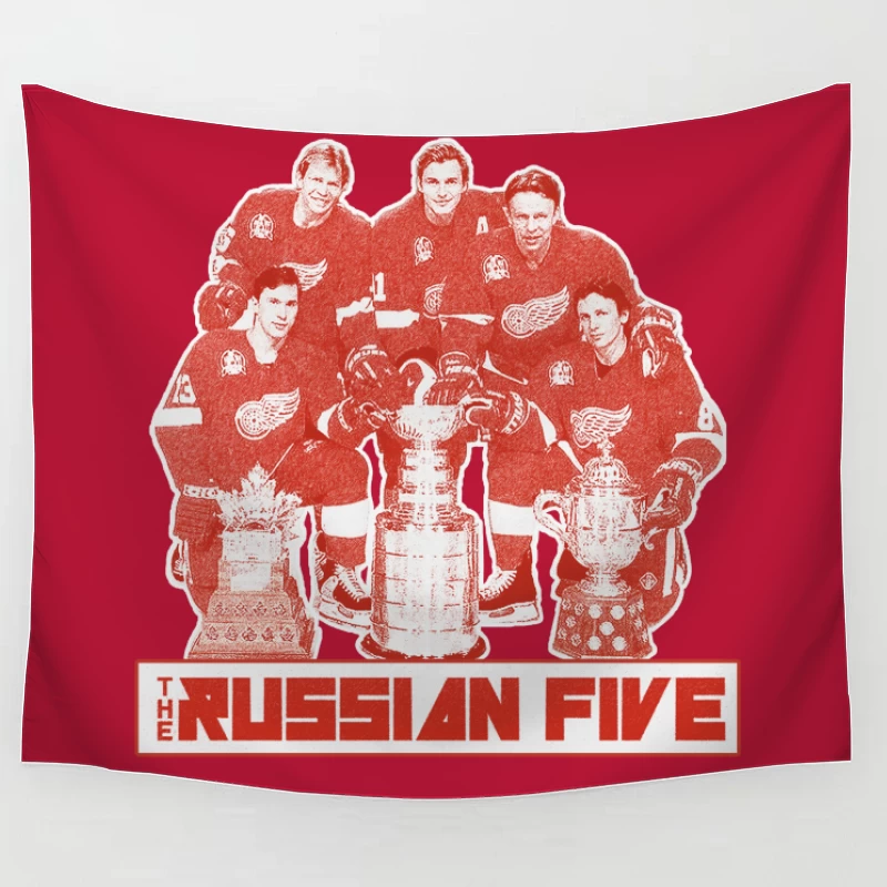 The Russian Five: Legendary Detroit Red Wings Hockey Unit with Championship Trophies Tapestry