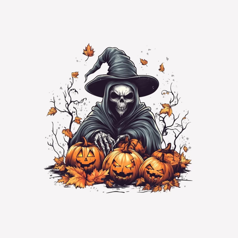 Spooky Halloween Scene with Grim Reaper and Jack-o'-lanterns Male T-Shirt