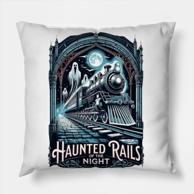 Gothic Haunted Steam Train Under Moonlit Archway Throw Pillow