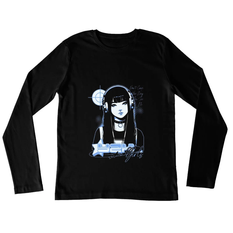 Blue Monochrome Gothic Anime Girl with Headphones Female Long Sleeve T-Shirt