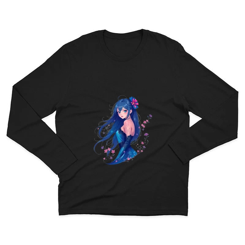 Elegant Anime Girl with Blue Hair and Floral Accents in Evening Dress Male Long Sleeve T-Shirt