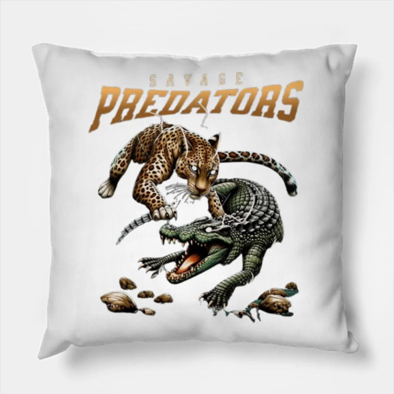 Savage Predators: Jaguar vs Crocodile Battle Art Throw Pillow