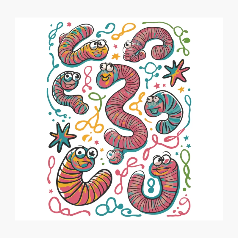 Cheerful Cartoon Worms and Numbers Doodle Throw Pillow