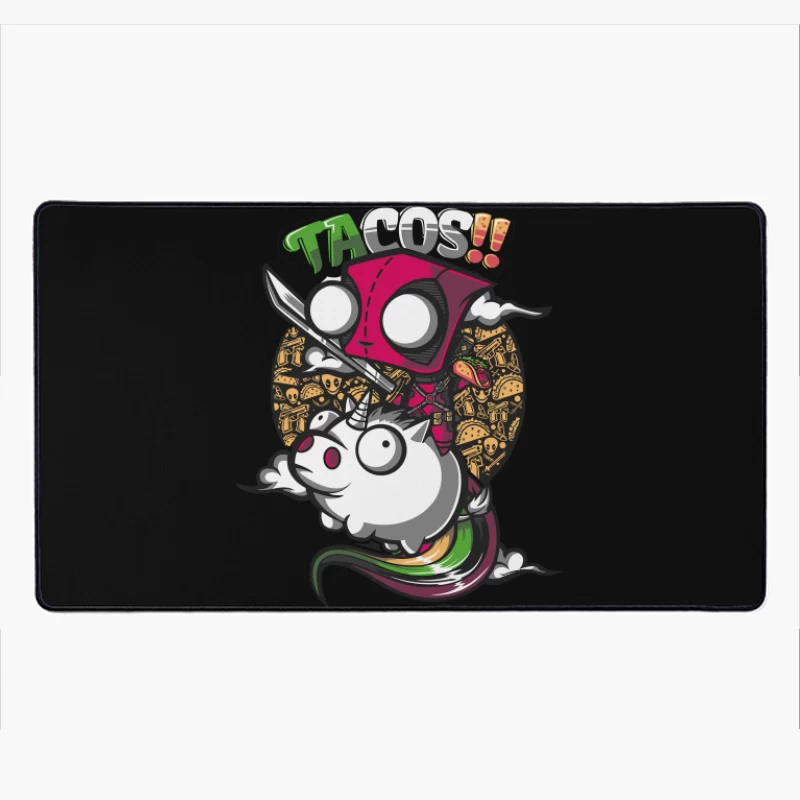 Colorful Cartoon of Tacos with a Unicorn and Knife-wielding Character Desk Mat