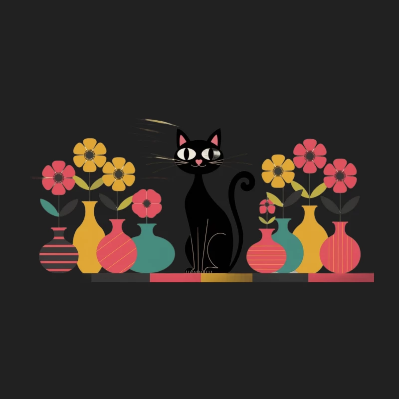 Retro Cat and Flowers: Mid-Century Modern Illustration Bucket Hat
