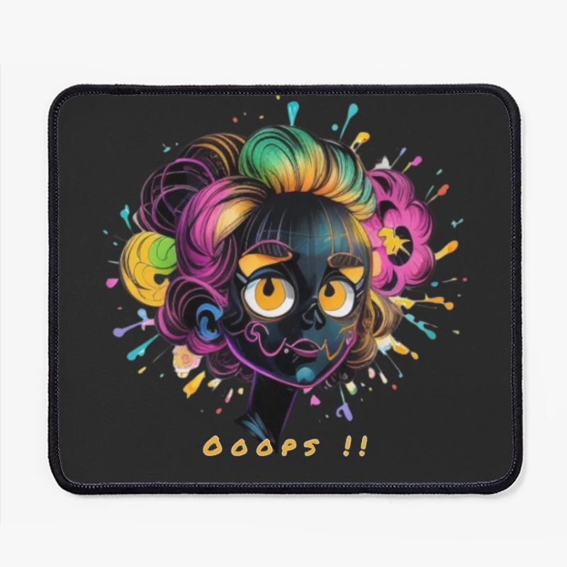 Whimsical Cartoon Character with Rainbow Hair and Paint Splashes Mouse Pad