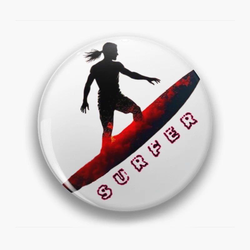 Dynamic Surfer Silhouette with Red Wave Effect Pin