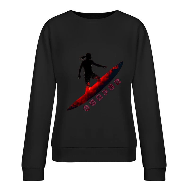 Dynamic Surfer Silhouette with Red Wave Effect Female Pullover Sweatshirt