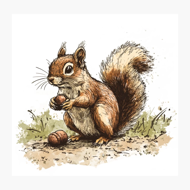 Adorable Illustrated Squirrel with Acorn in Nature Throw Pillow