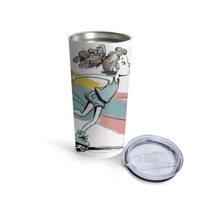 Playful Cartoon Girl Roller Skating with Bubble Gum Travel Mug