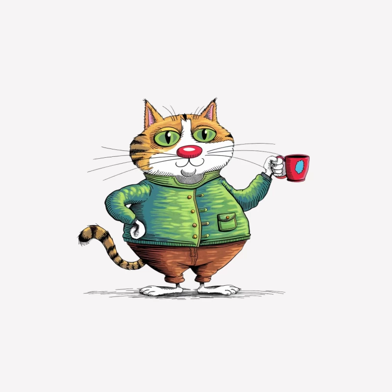 Whimsical Cartoon Cat Enjoying Coffee in Green Sweater Male T-Shirt