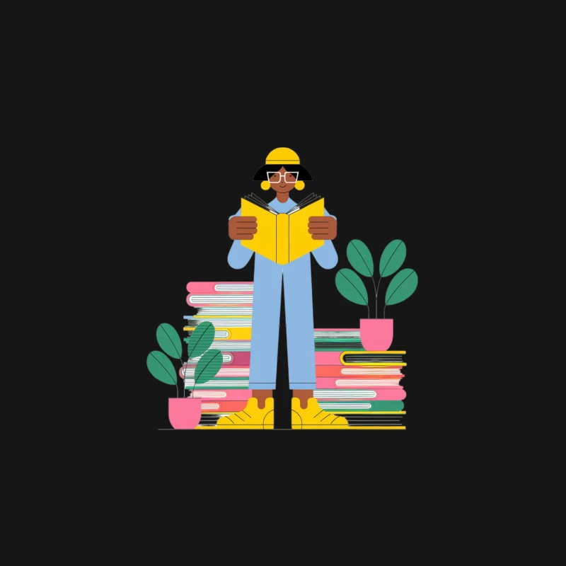 Illustrated Student Reading Among Books and Plants Mouse Pad